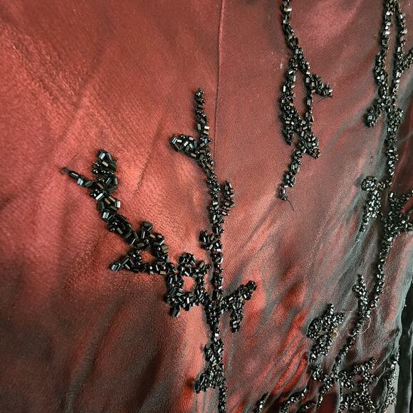 Caché 100% Silk Sheer Blouse Medium Beaded Bell Sleeves Red Black - Picture 9 of 12